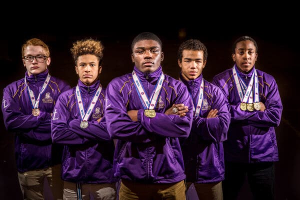 Lisa Johnston  | lisajohnston@archstl.org  |  twitter: @aeternusphoto

Five Christian Brother's College wrestlers won medals at MSHSAA state championships. From the left are Kyle Prewitt, Cevion Severado, DJ Shannon, Josh Saunders and Malike Johnson.