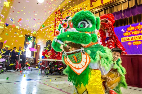 Lisa Johnston  |  lisajohnston@archstl.org  |  twitter: @aeternusphoto 
The Vietnamese community at Resurrection of Our Lord Parish in south St. Louis celebrated New Year together on Feb. 11, 2018. Mass was celebrated and then a gathering took place that included a dragon dance where performers are hidden under the guise of a “Mua Lan”, a creature between a lion and a dragon.  At the end of the dance a confetti canon shot out a surprise. The official New Year begins on Feb. 16, 2018.