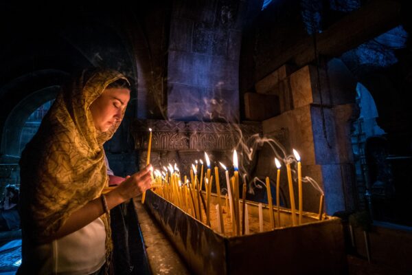 Lisa Johnston | lisajohnston@archstl.org  | Twitter: @aeternusphoto  

After exiting the altar at the site of Jesus' crucifixion inside the Church of the Holy Sepulchre, Tama Kartvelishvili, a medical doctor on fellowship with Save the Children's heart program, prayed for the heath of her family and her country of Georgia.  The Tbilisi resident stressed how important peace is in the world.