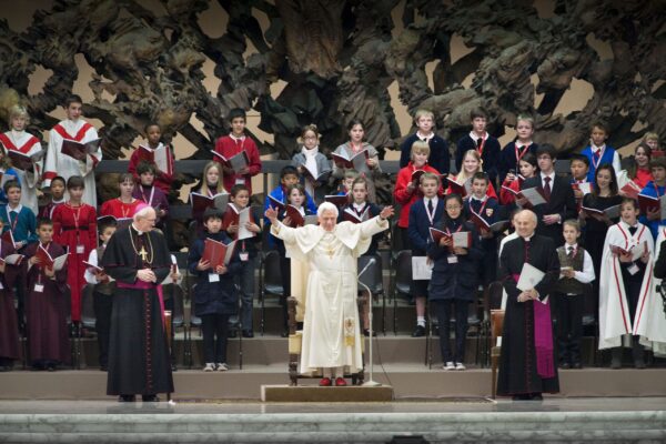 Pope Benedict XVI was received with much excitement as he arrived at a private audience with the all the Pueri Cantores choirs from around the world.