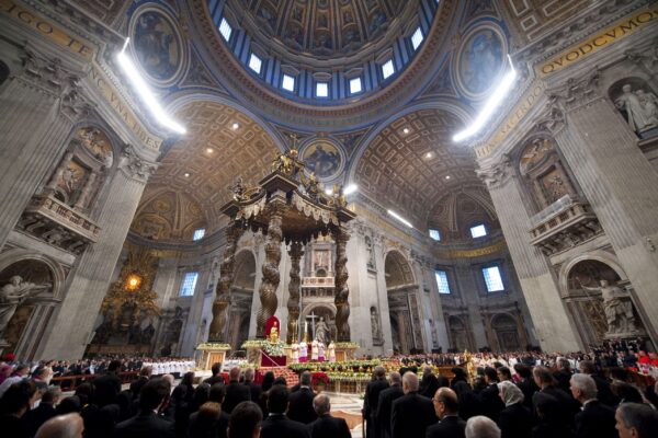 Holy Father, Pope Benedict XVI celebrated mass under the bronze Baldacchino made by Gian Lorenzo Bernini.  All of the Pueri Cantores choirs from around the world were in attendance at mass to sing on the Solemnity of Mary the Mother of God.